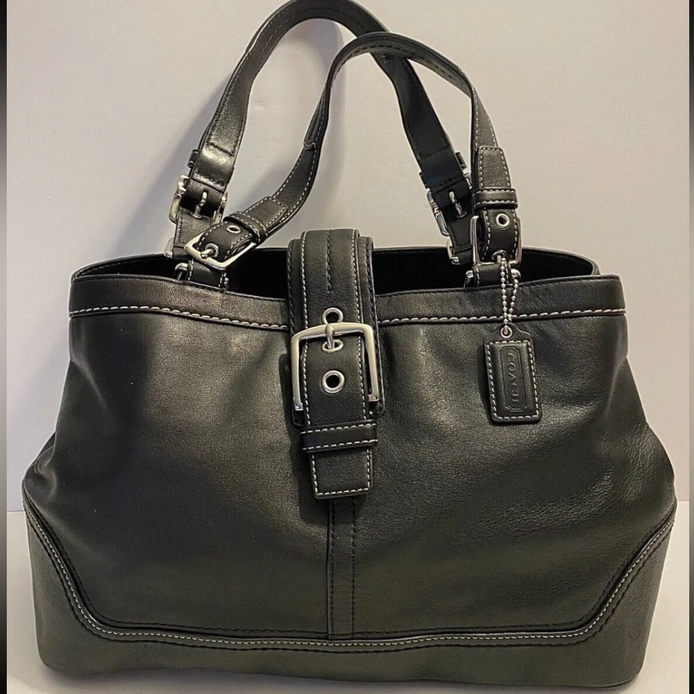 Coach F12602 Black Leather Satchel Tote Shoulder Bag Purse Tag Charm+ Dust Bag